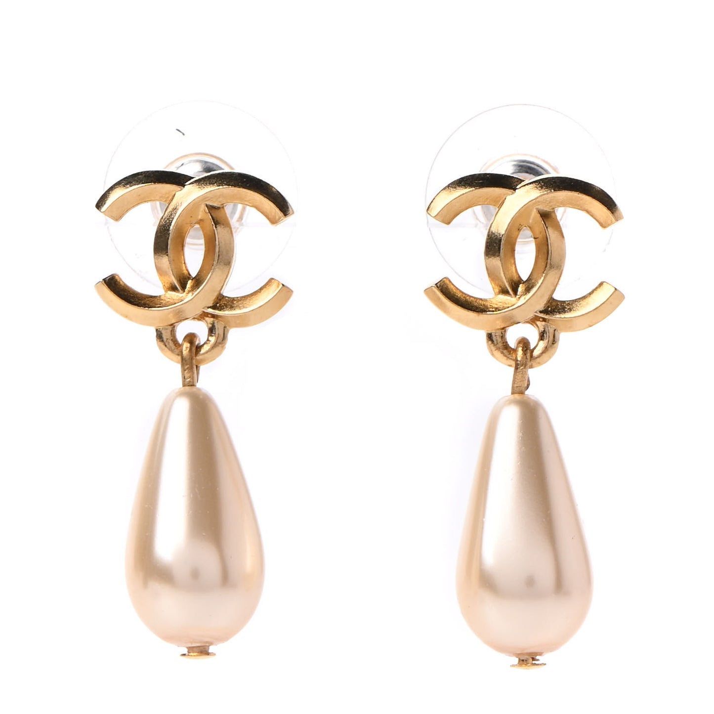 Metal CC Pearl Drop Earrings Gold