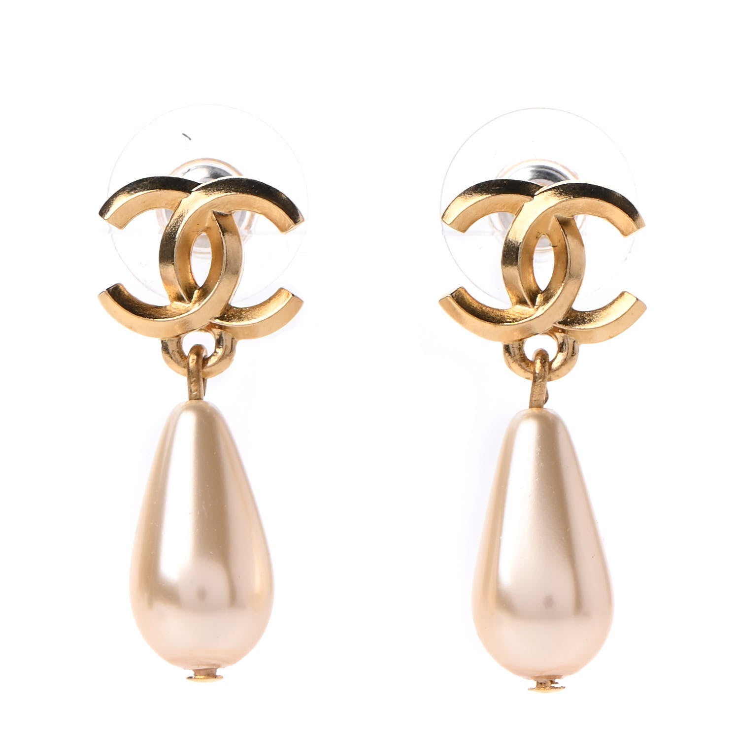 Chanel Metal CC Pearl Drop Earrings Gold 1 of 5