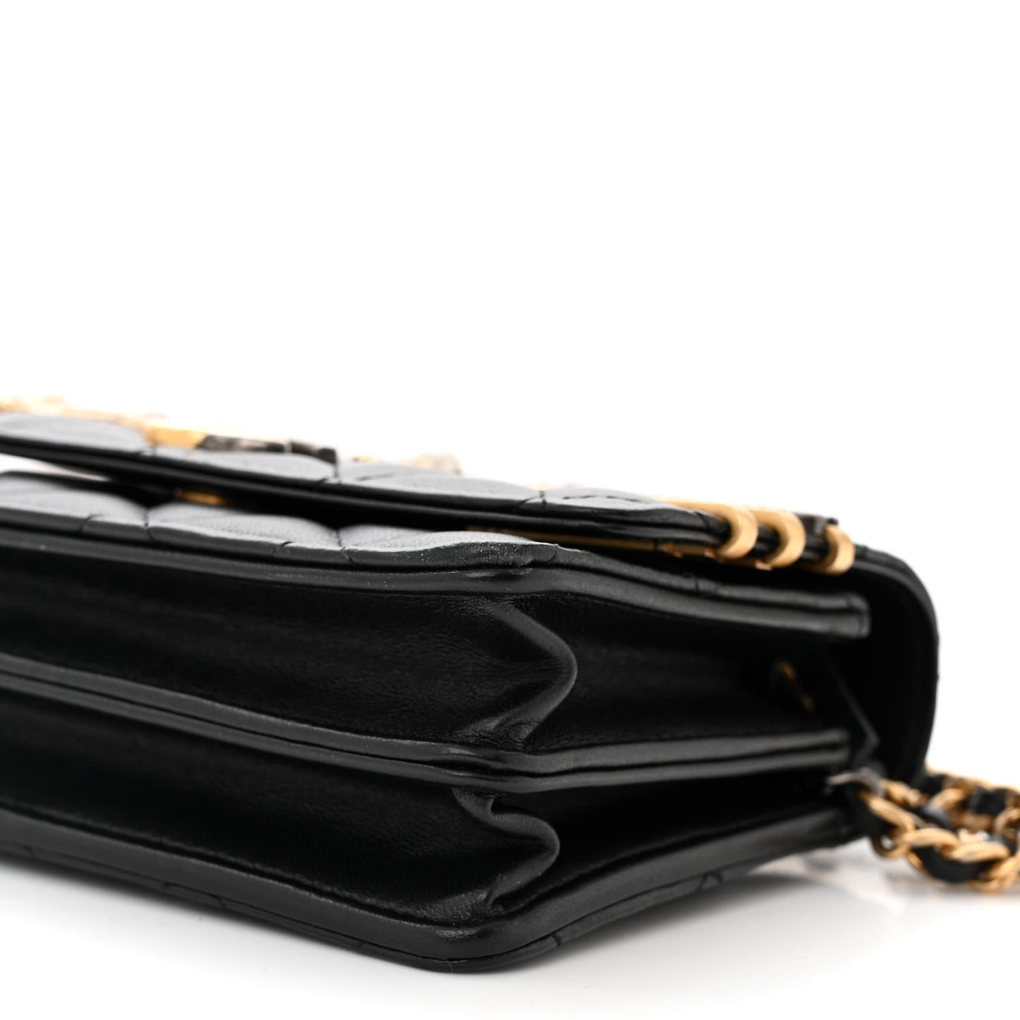 Lambskin Quilted Coco Clips Mini Wallet On Chain WOC Black