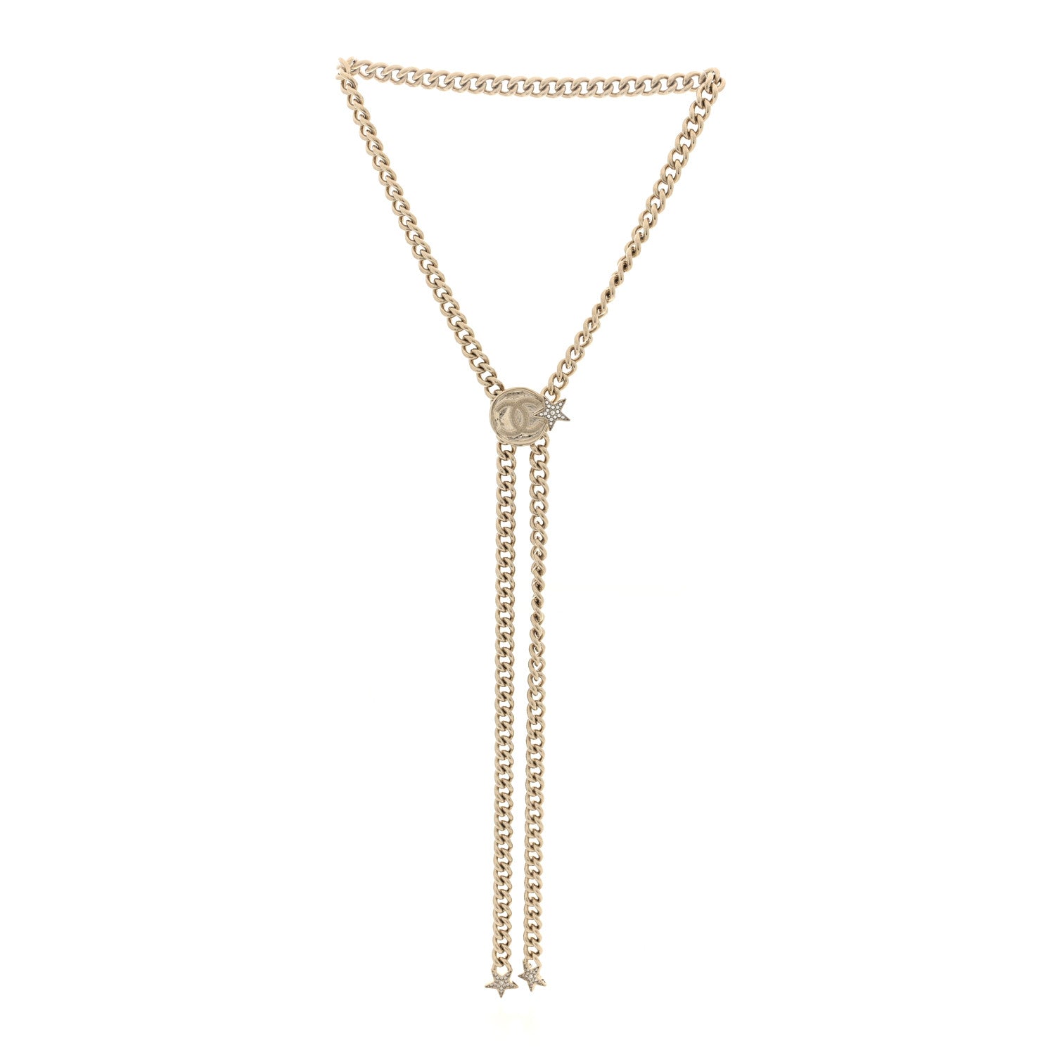 Chanel Metal Crystal Textured CC Star Chain Link Necklace Gold 3 of 5