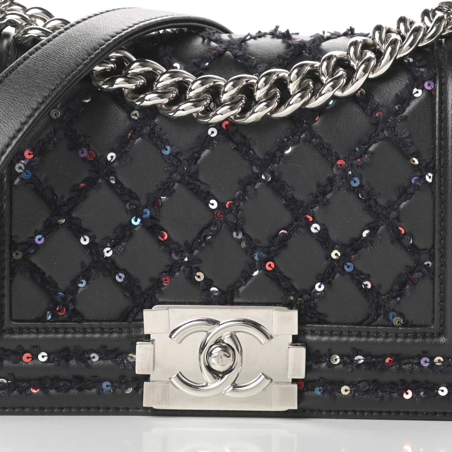 Lambskin Tweed Sequin Quilted Small Boy Flap Black