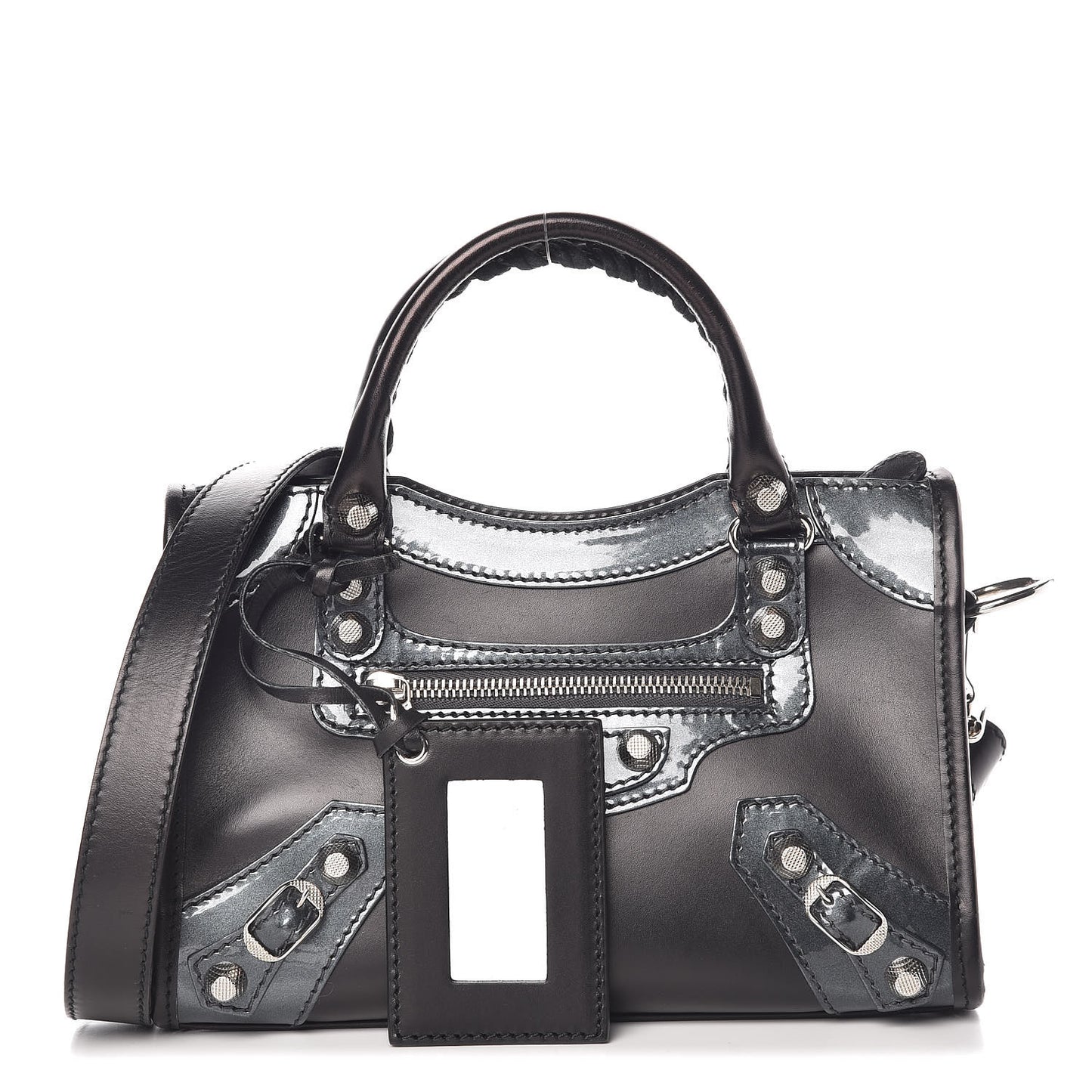 Smooth Calfskin Metallic Patent Giant 12 Silver Hardware Mini City Black Gris