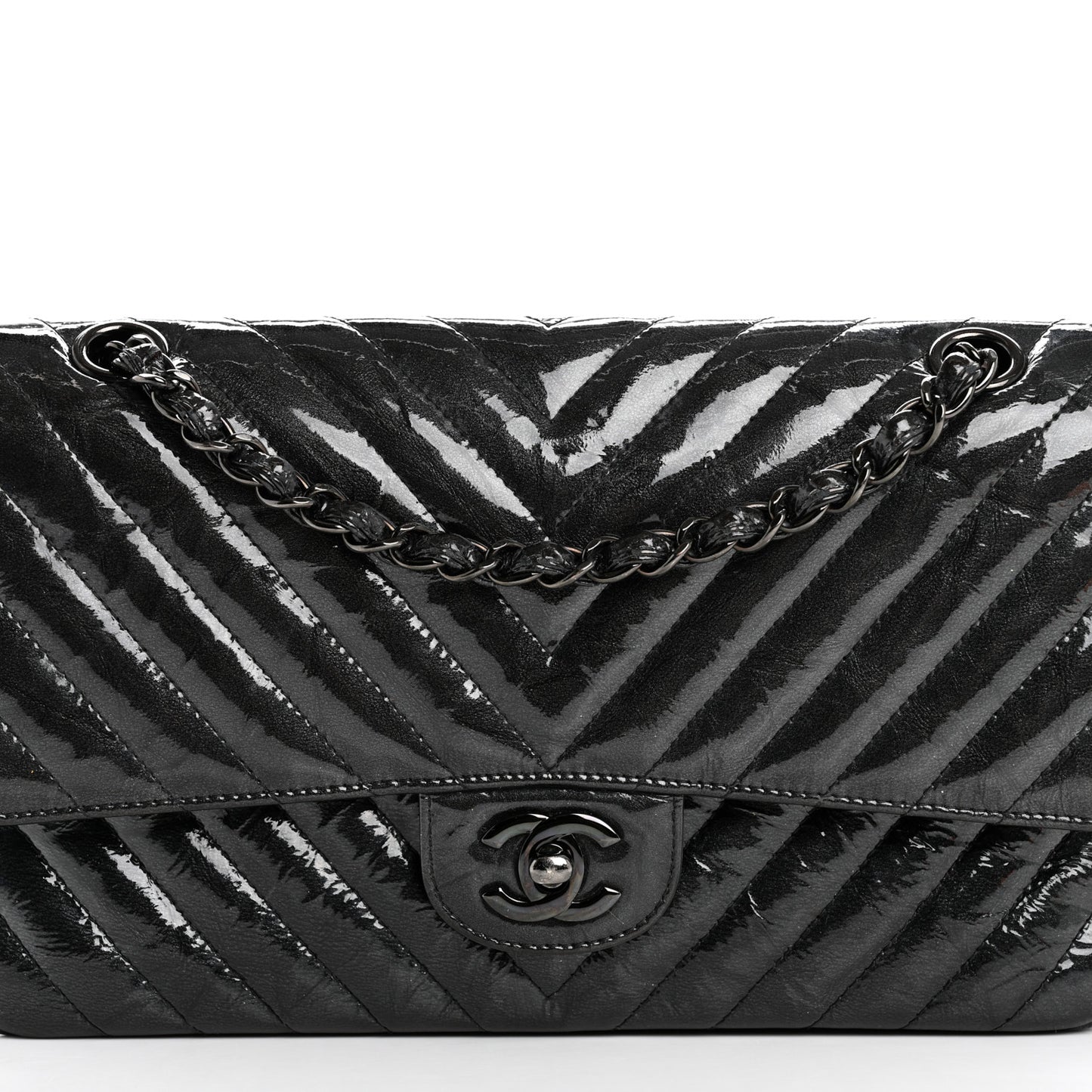 Metallic Patent Crumpled Calfskin Chevron Quilted Medium Double Flap So Black