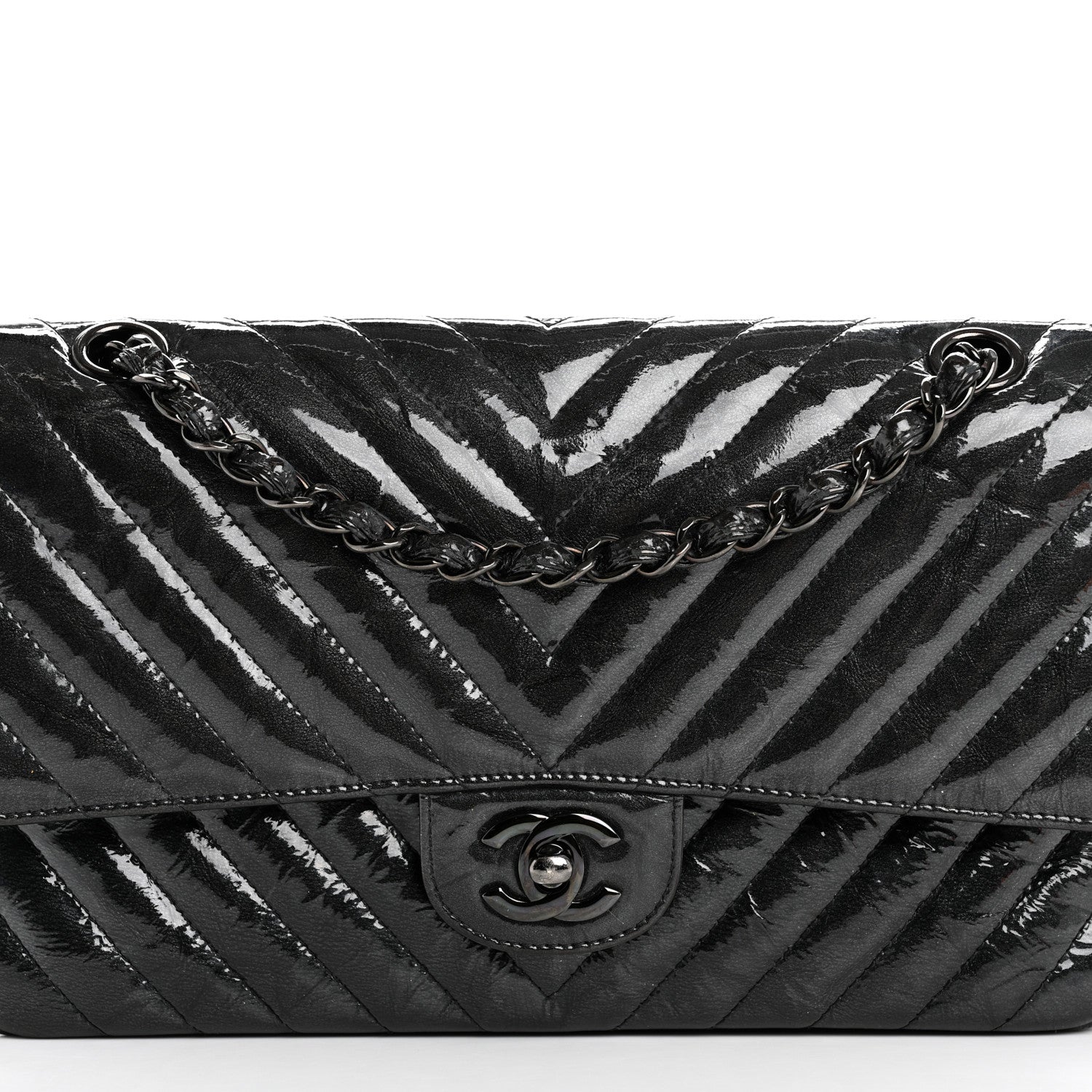 Chanel Metallic Patent Crumpled Calfskin Chevron Quilted Medium Double Flap So Black 8 of 12