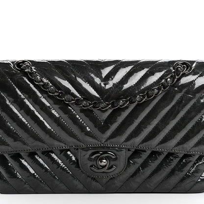 Chanel Metallic Patent Crumpled Calfskin Chevron Quilted Medium Double Flap So Black 8 of 12