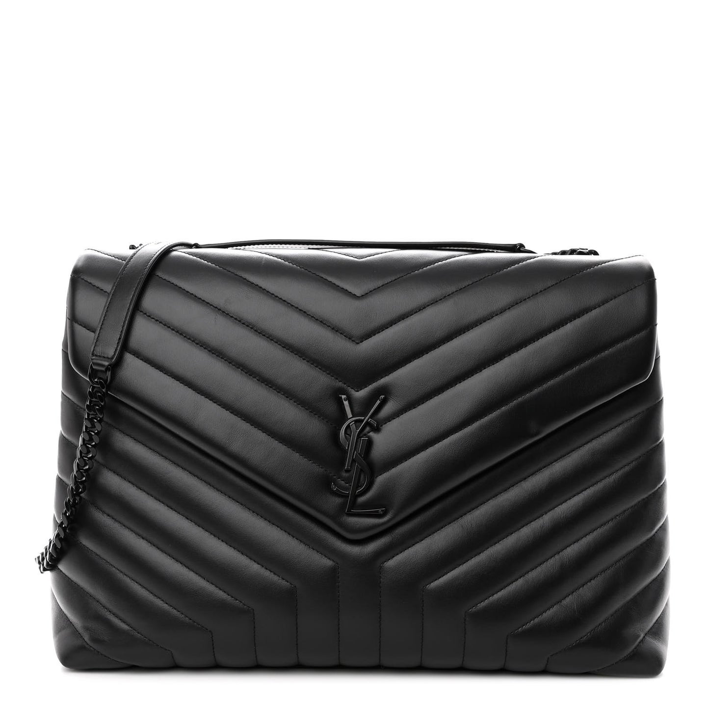 Calfskin Y Quilted Monogram Monochrome Large Loulou Chain Satchel Black