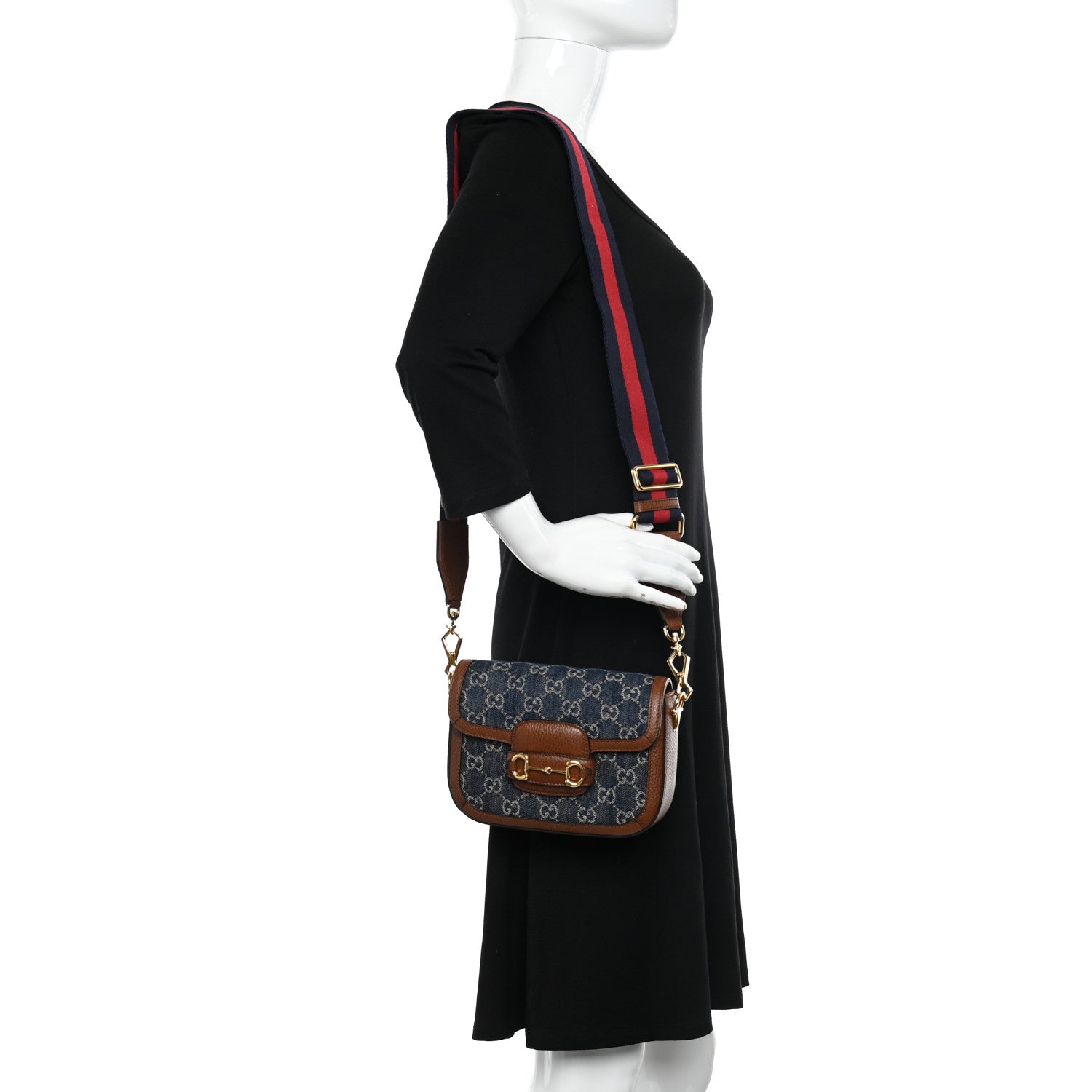 Gucci New Denim GG Monogram Dollar Calfskin Web Mini Horsebit 1955 Shoulder Bag Blue Tea Cuir Epilog 2 of 10