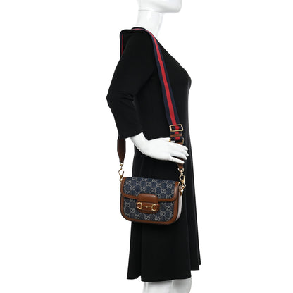 Gucci New Denim GG Monogram Dollar Calfskin Web Mini Horsebit 1955 Shoulder Bag Blue Tea Cuir Epilog 2 of 10