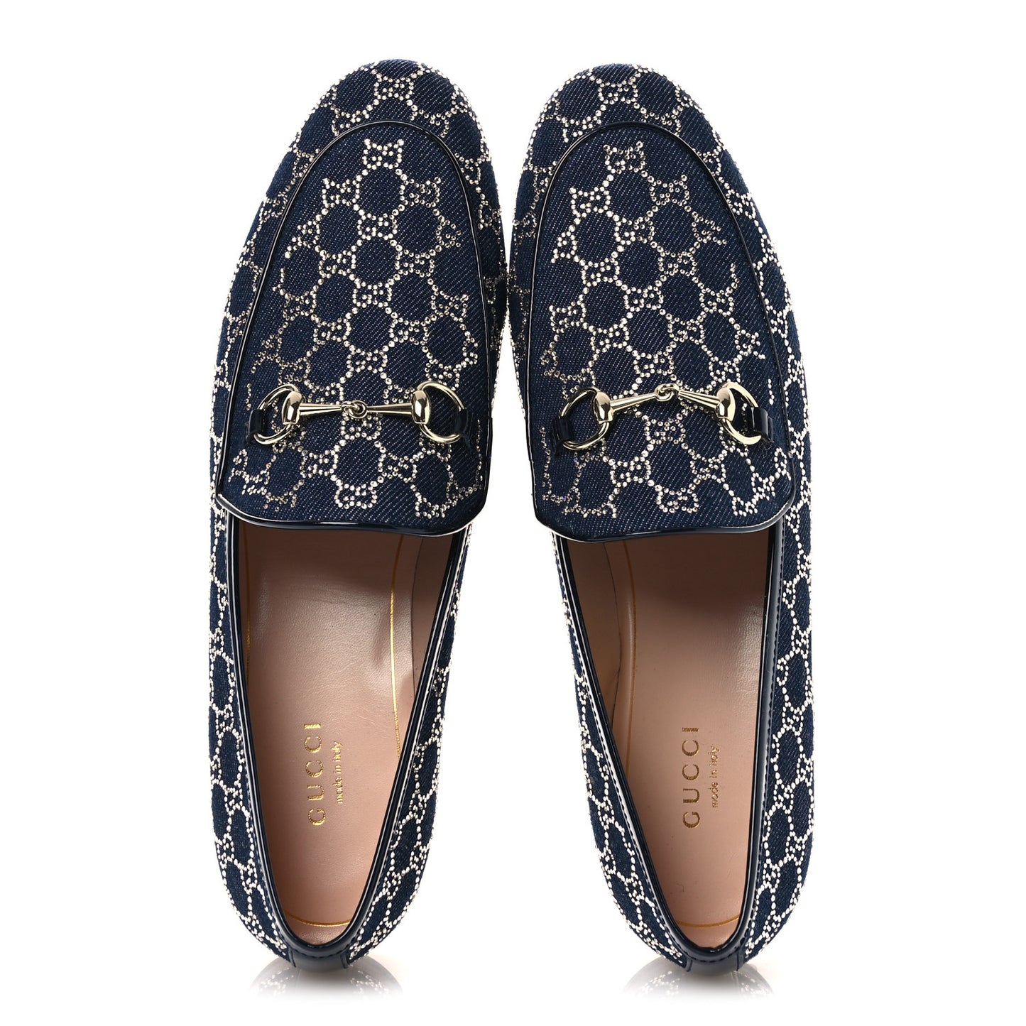 Denim Crystal GG Monogram Horsebit Womens Jordaan Loafers 39.5 Deep Blue Blue Milad