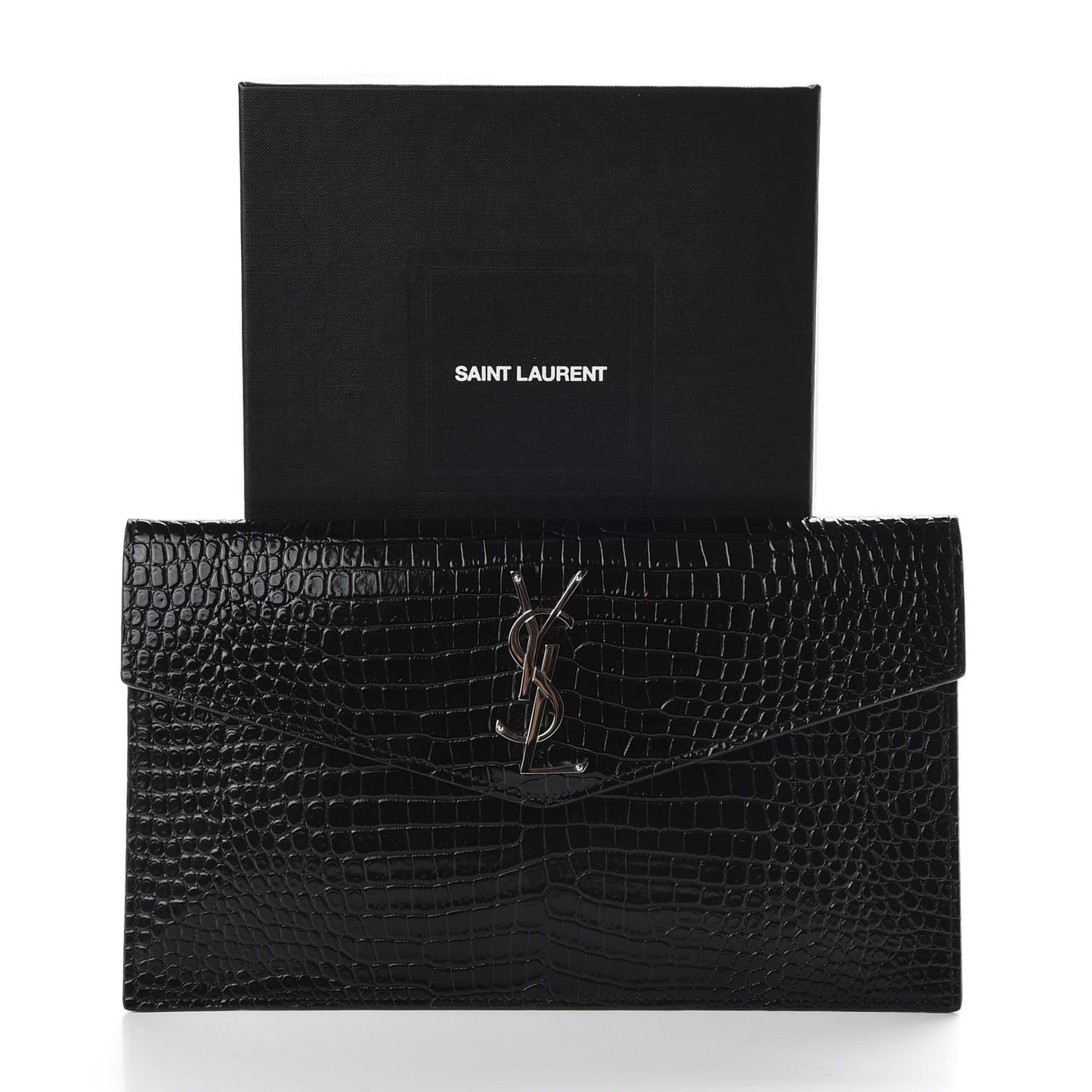 Calfskin Crocodile Embossed Uptown Monogram Clutch Black
