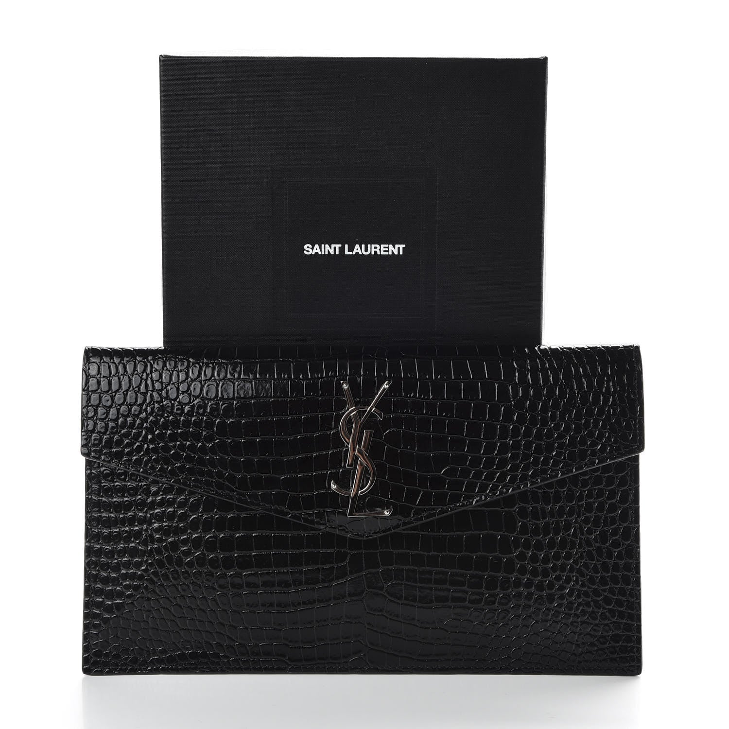 Saint Laurent Calfskin Crocodile Embossed Uptown Monogram Clutch Black 7 of 7