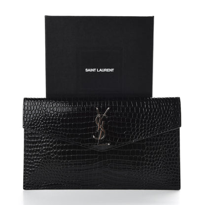 Saint Laurent Calfskin Crocodile Embossed Uptown Monogram Clutch Black 7 of 7