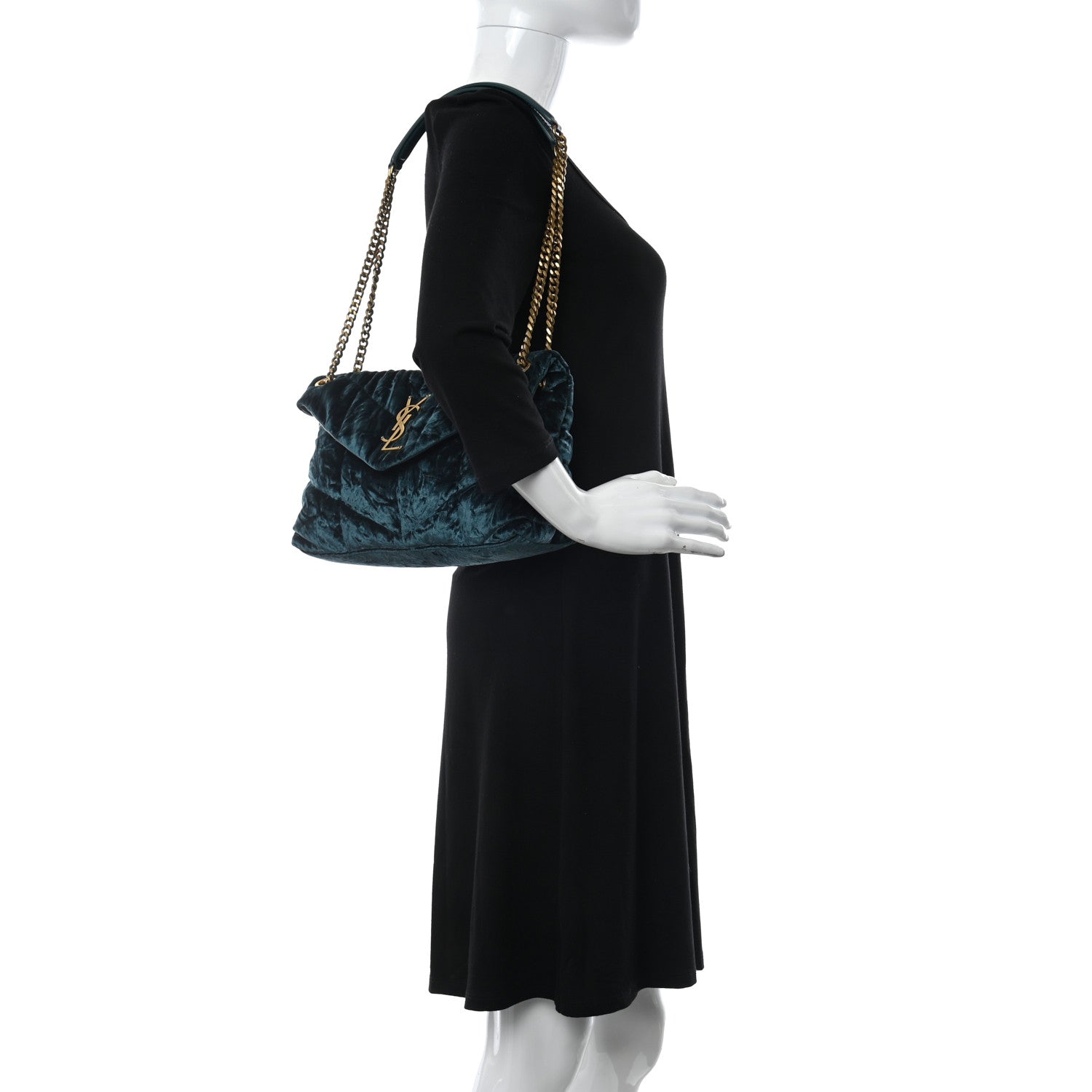 Saint Laurent Crushed Velvet Quilted Small Loulou Puffer Monogram Chain Satchel Emerald 2 of 12