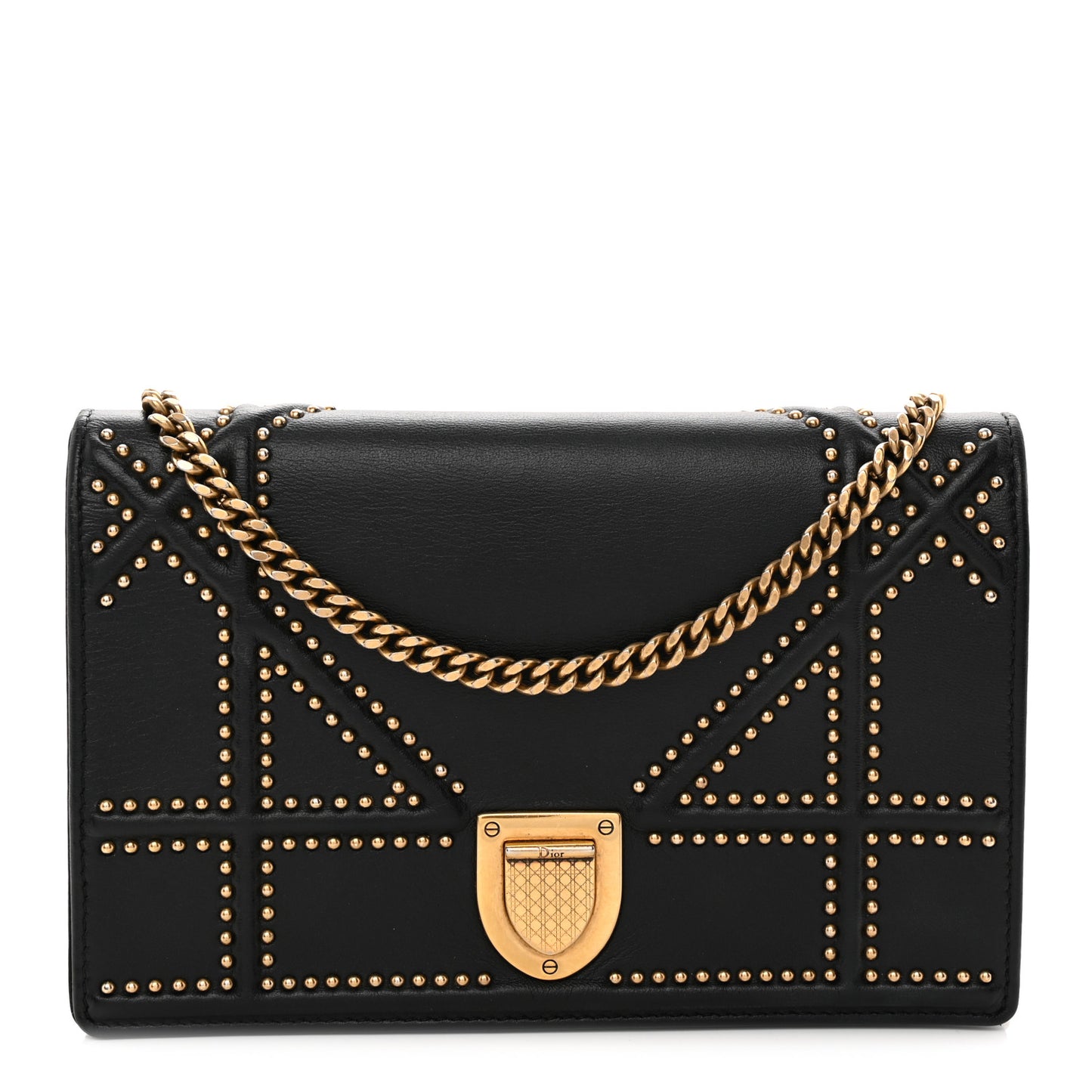 Calfskin Studded Diorama Wallet on Chain Pouch Black