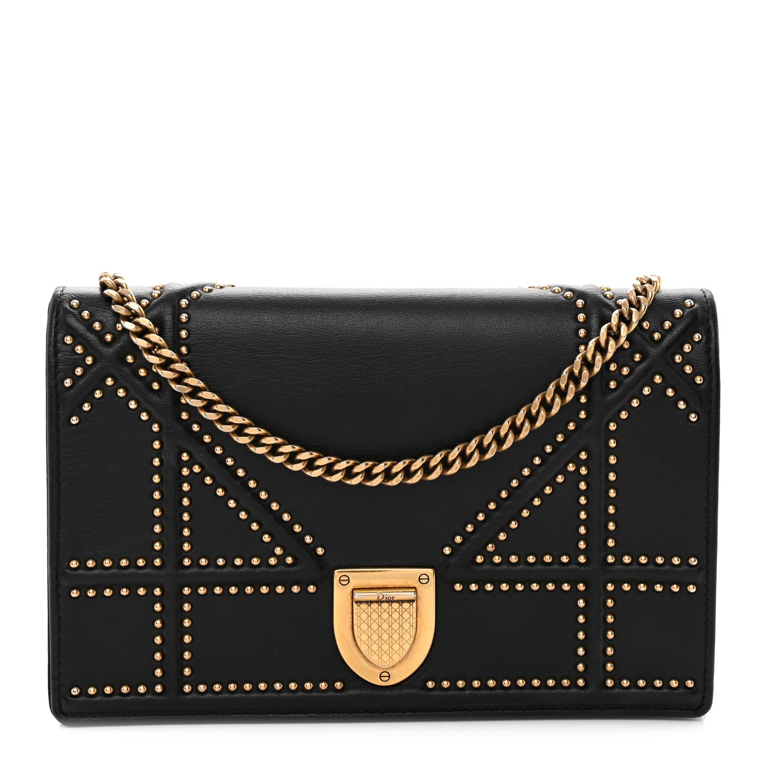 Christian Dior Calfskin Studded Diorama Wallet on Chain Pouch Black 1 of 11
