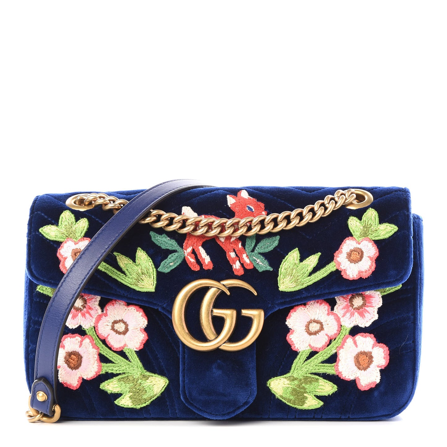 Velvet Matelasse Deer Embroidered Small GG Marmont Shoulder Bag Cobalt