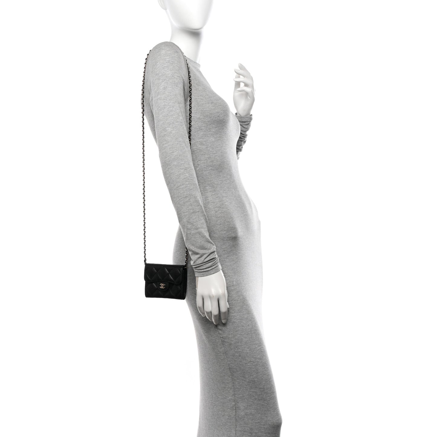 Caviar Quilted Flap Card Holder On Chain Black