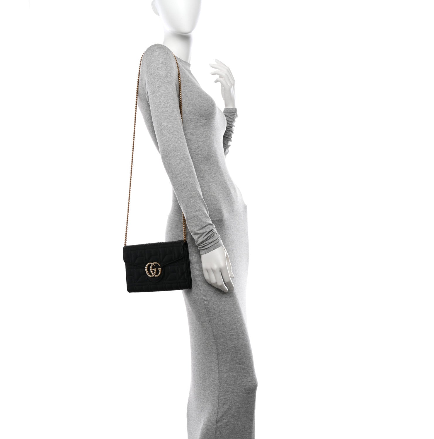 Gucci Calfskin Matelasse Mini Pearly GG Marmont Chain Wallet Black 2 of 11