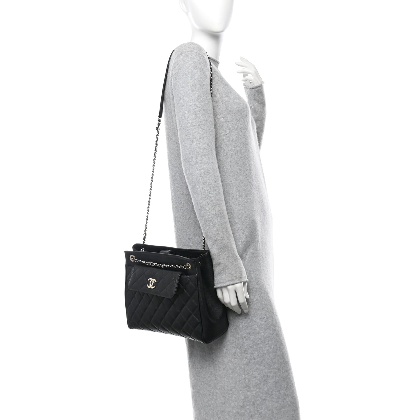 Caviar Quilted In Out Flap Shopping Tote Black