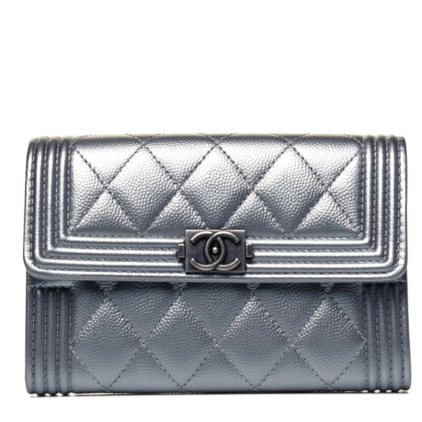 Metallic Caviar Quilted Medium Boy Flap Wallet Silver