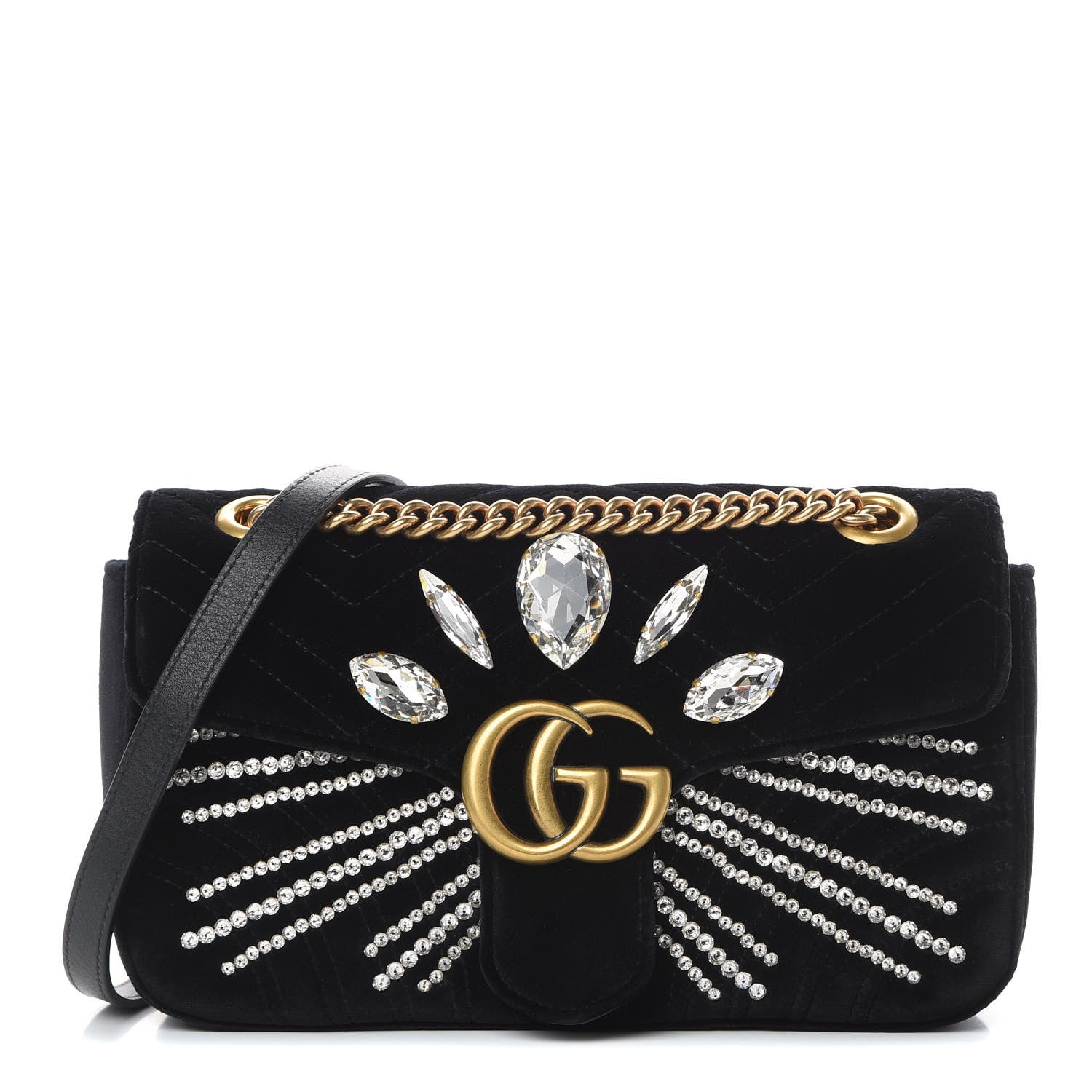 Gucci Velvet Matelasse Marquise Crystals Embroidered Small GG Marmont Shoulder Bag Black 1 of 13