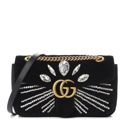 Gucci Velvet Matelasse Marquise Crystals Embroidered Small GG Marmont Shoulder Bag Black 1 of 13