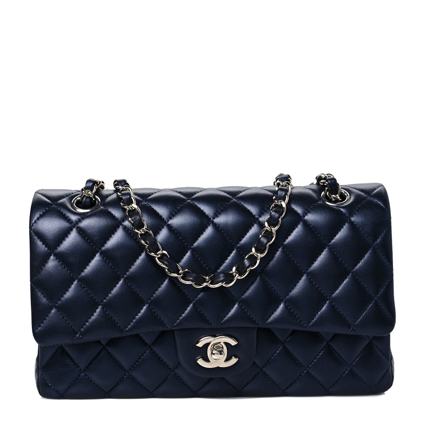 Iridescent Calfskin Quilted Medium Double Flap Navy