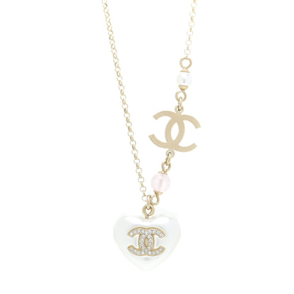 Chanel Resin Crystal CC Heart Necklace Pearly White Gold 4 of 5