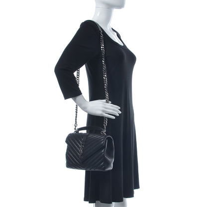 Saint Laurent Sheepskin Matelasse Chevron Monogram Medium College Bag Black 2 of 10