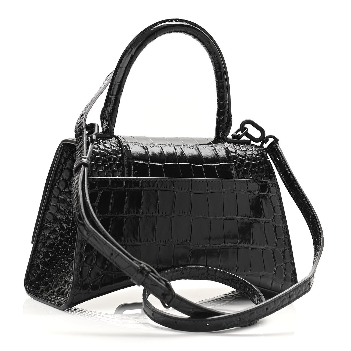 Shiny Calfskin Monochrome Crocodile Embossed Small Hourglass Top Handle Bag Black
