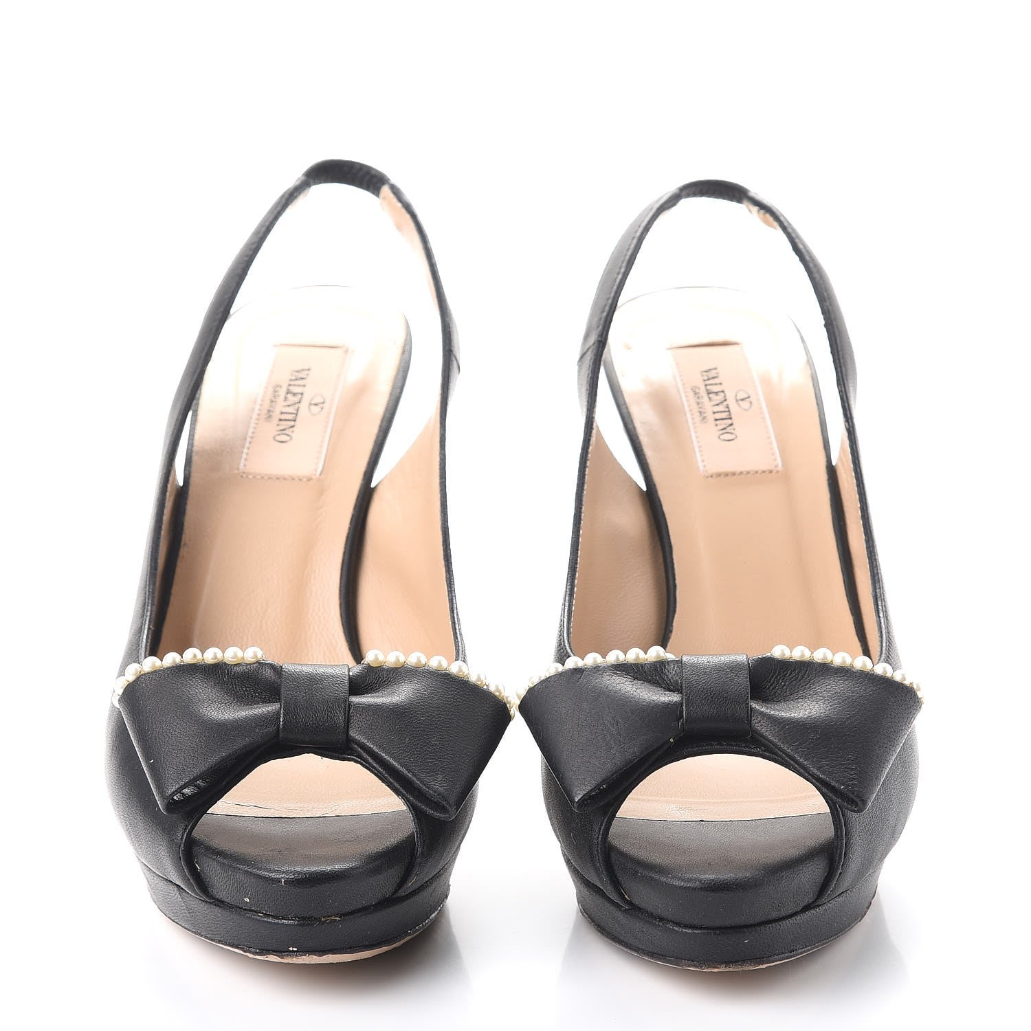 Valentino Garavani Nappa Pearl Bow Peep Toe Slingback Pumps 38.5 Black 2 of 11