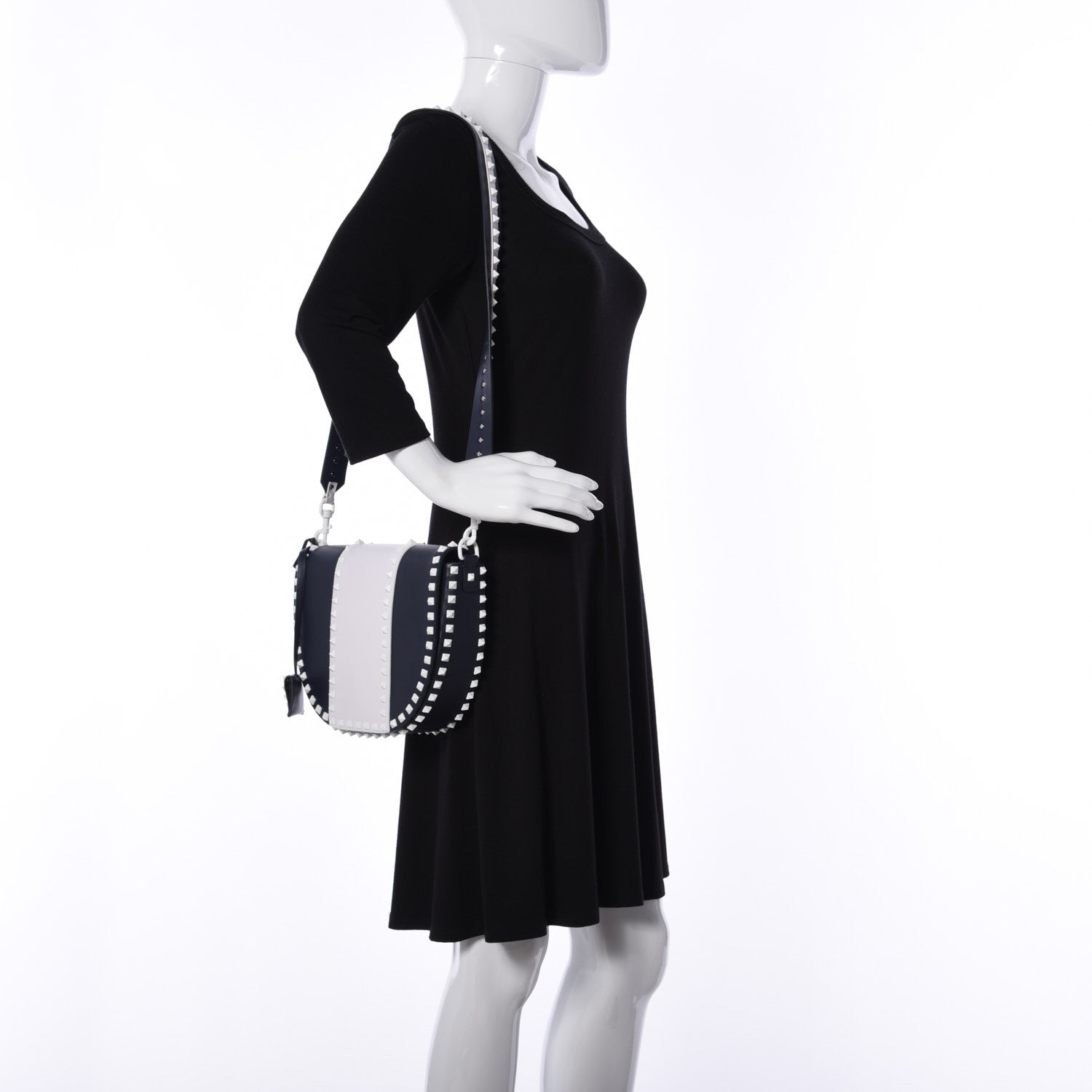 Valentino Garavani Vitello Colorblock Large Free Rockstud Halfmoon Saddle Bag Marine White 2 of 15