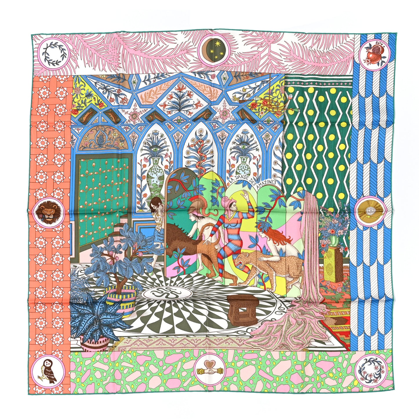 Silk La Danse Des Amazones Scarf 90 Vert D'Eau Rose Jaune