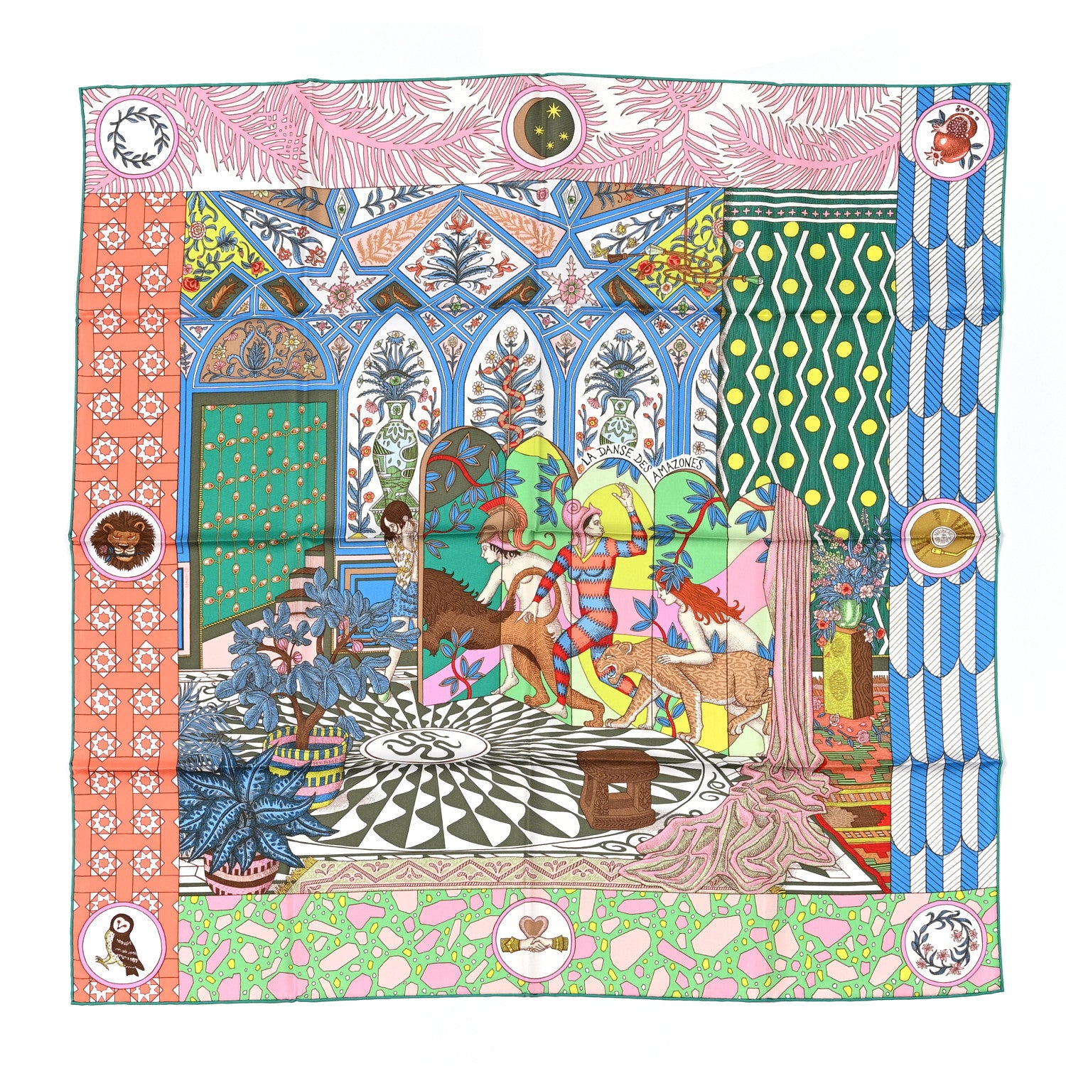 Hermes Silk La Danse Des Amazones Scarf 90 Vert D'Eau Rose Jaune 1 of 4