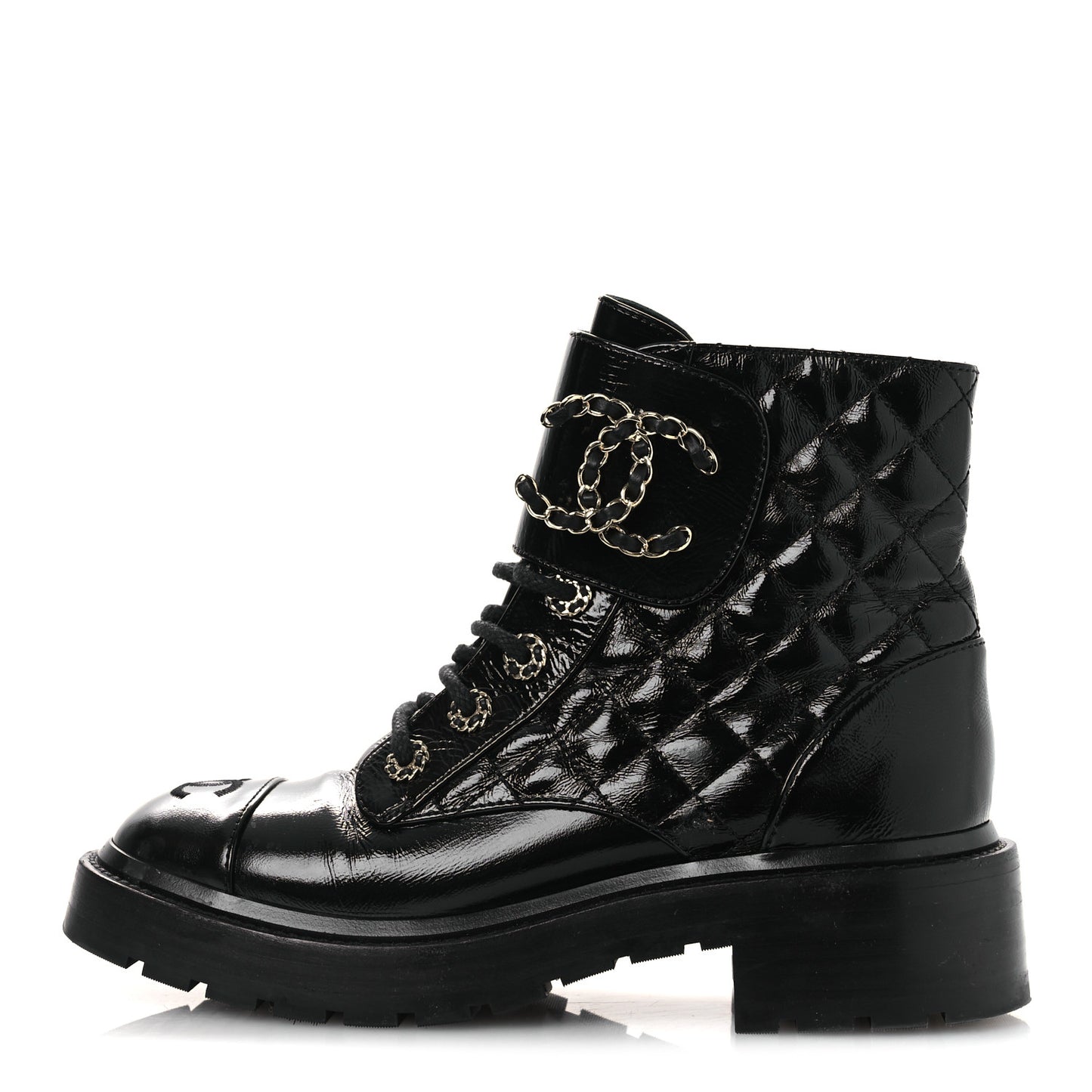 Shiny Calfskin Quilted Lace Up Combat Boots 37 Black