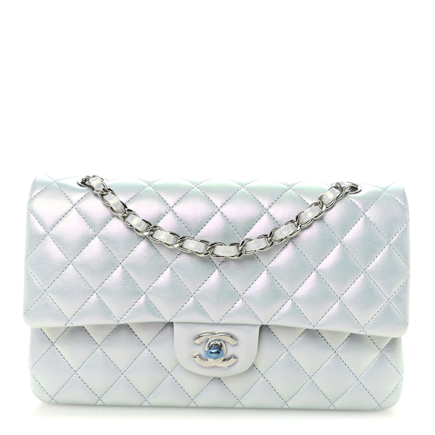 Iridescent Calfskin Quilted Medium Double Flap Light Blue