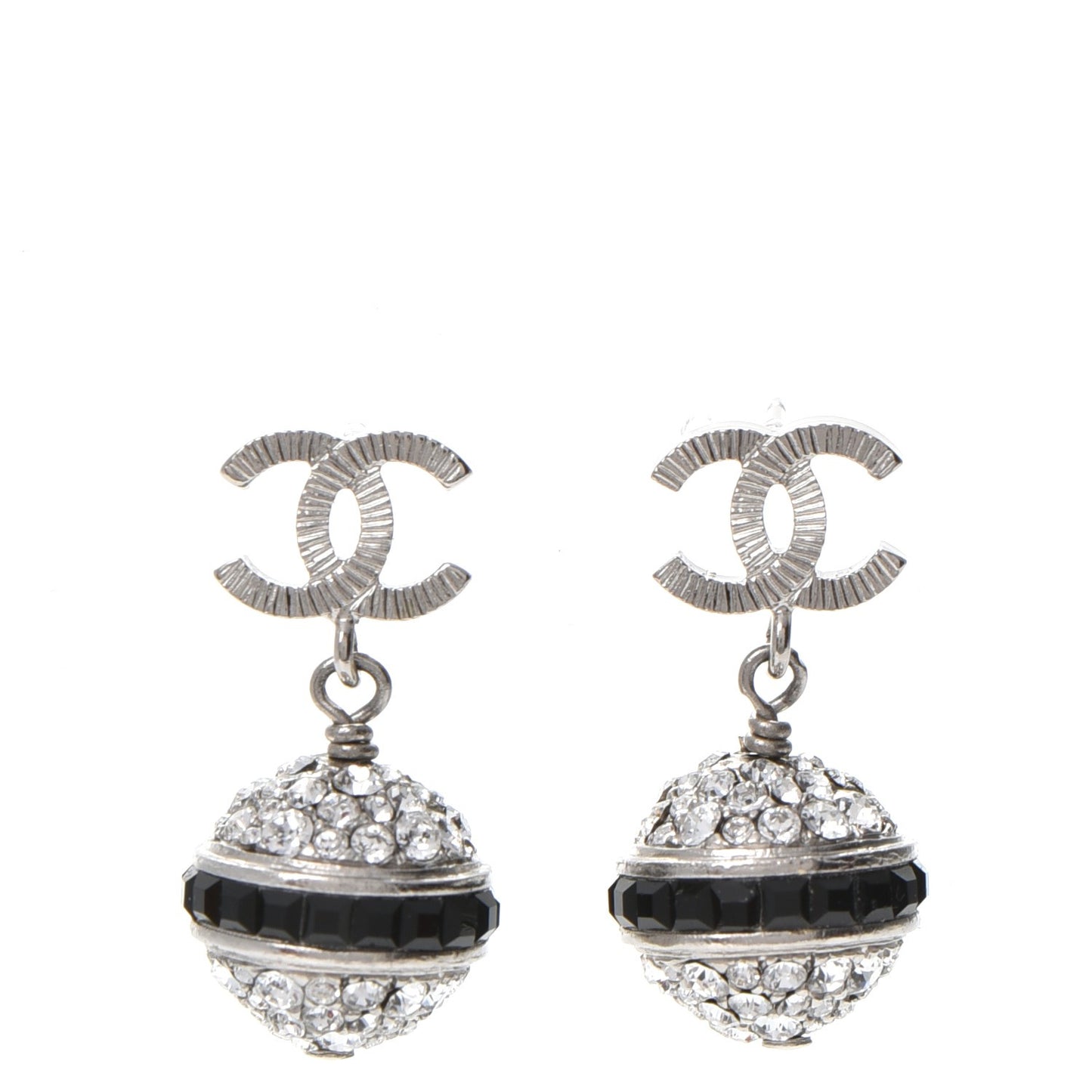 Crystal CC Drop Earrings Black Silver