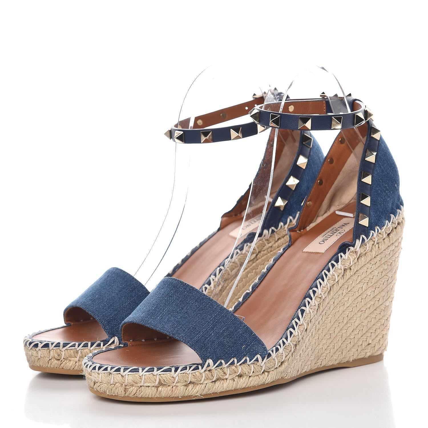 Valentino Garavani Denim Rockstud Ankle Strap Espadrille 15/105mm Wedge Sandals 40 Light Denim 3 of 8