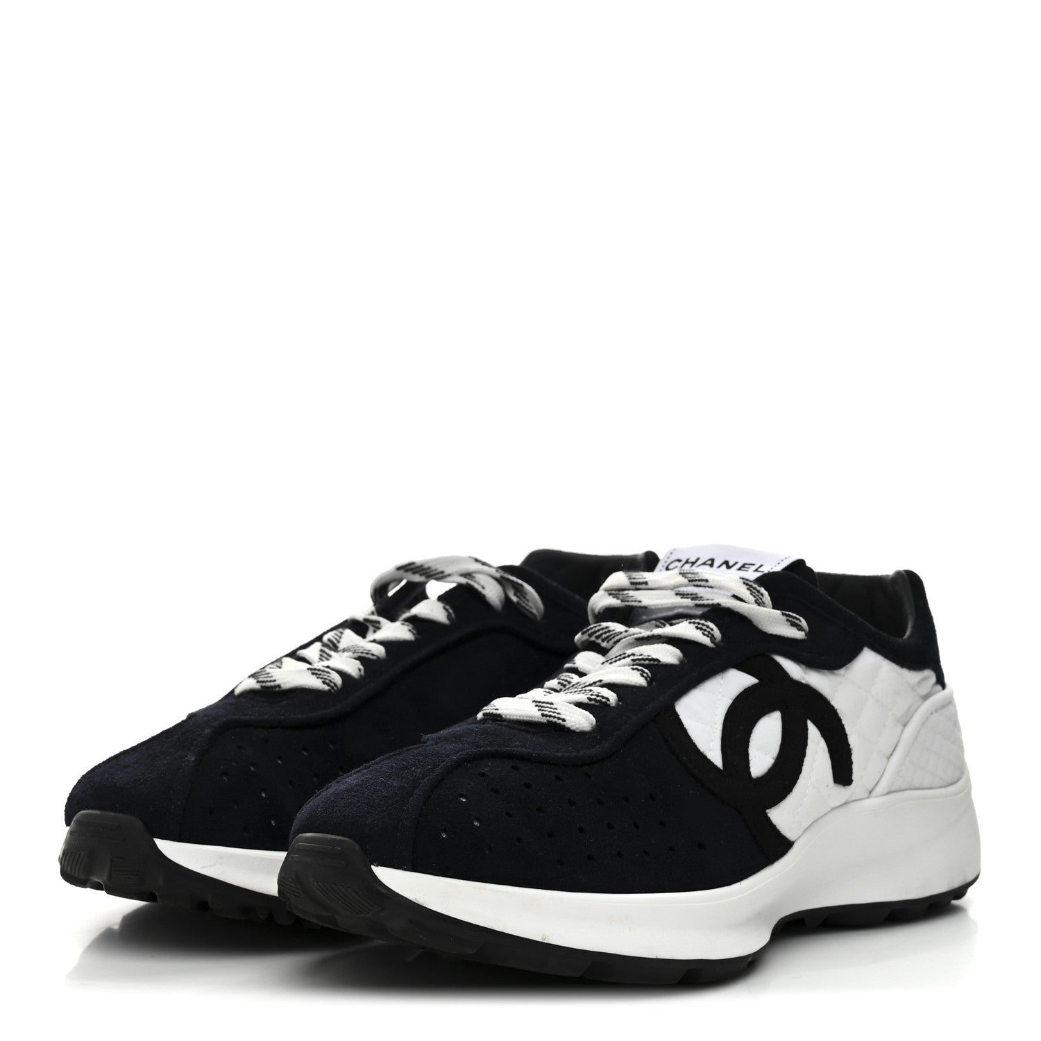 Chanel Fabric Suede Kidskin CC Sneakers 38 Dark Navy White 4 of 10