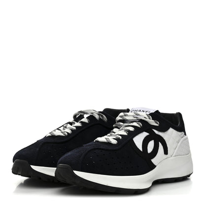Chanel Fabric Suede Kidskin CC Sneakers 38 Dark Navy White 4 of 10
