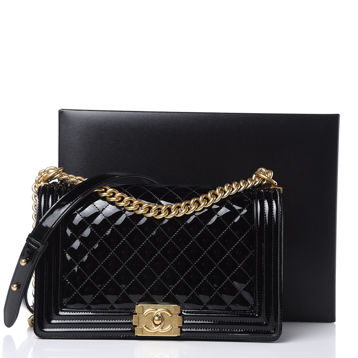 Patent Calfskin Quilted New Medium Boy Flap Black