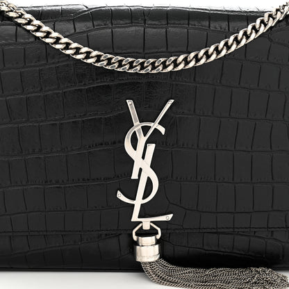Saint Laurent Calfskin Crocodile Embossed Medium Classic Monogram Kate Tassel Satchel Black 8 of 11