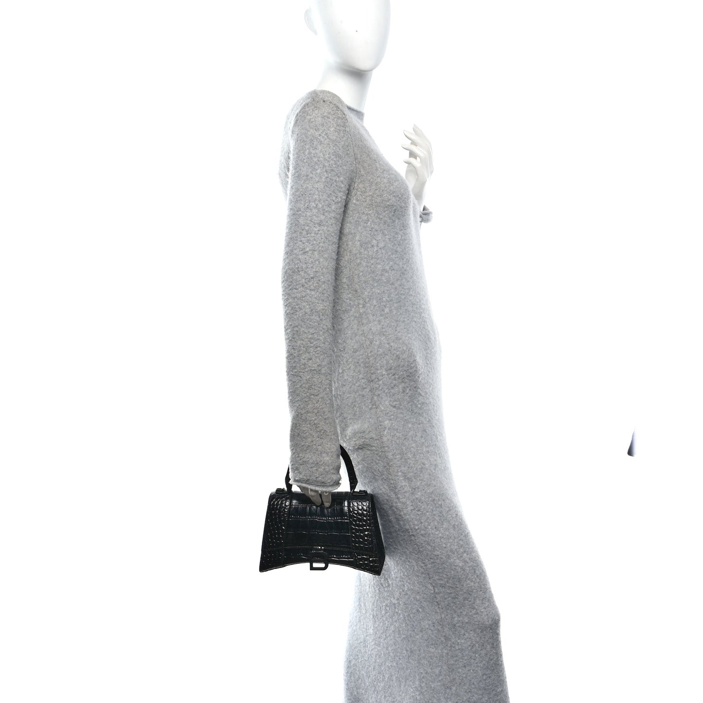 Shiny Calfskin Monochrome Crocodile Embossed Small Hourglass Top Handle Bag Black