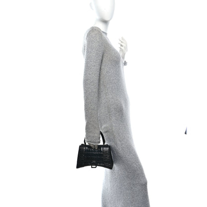 Balenciaga Shiny Calfskin Monochrome Crocodile Embossed Small Hourglass Top Handle Bag Black 2 of 11