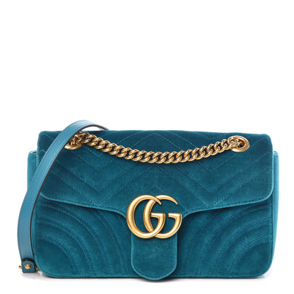 Gucci Velvet Matelasse Small GG Marmont Shoulder Bag Pavone Cyan 1 of 11