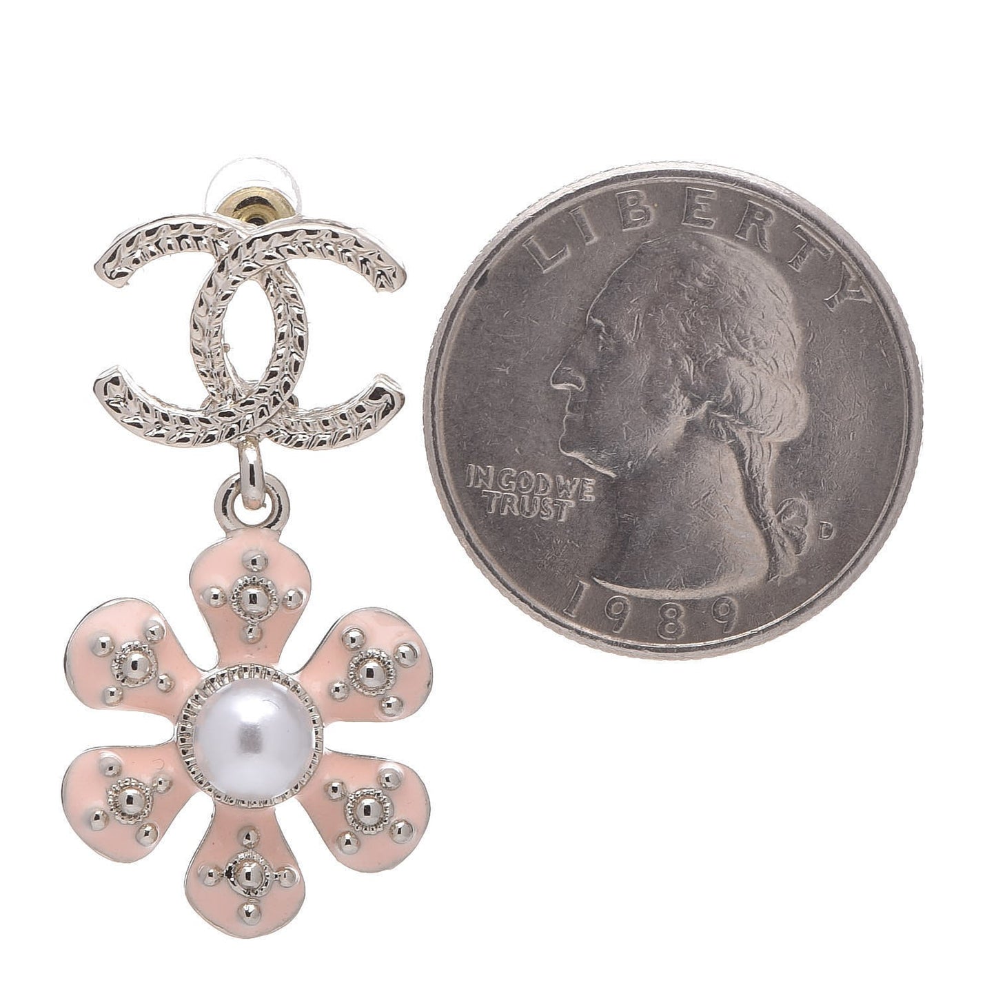 Metal Resin Diamante CC Flower Earrings Gold Beige
