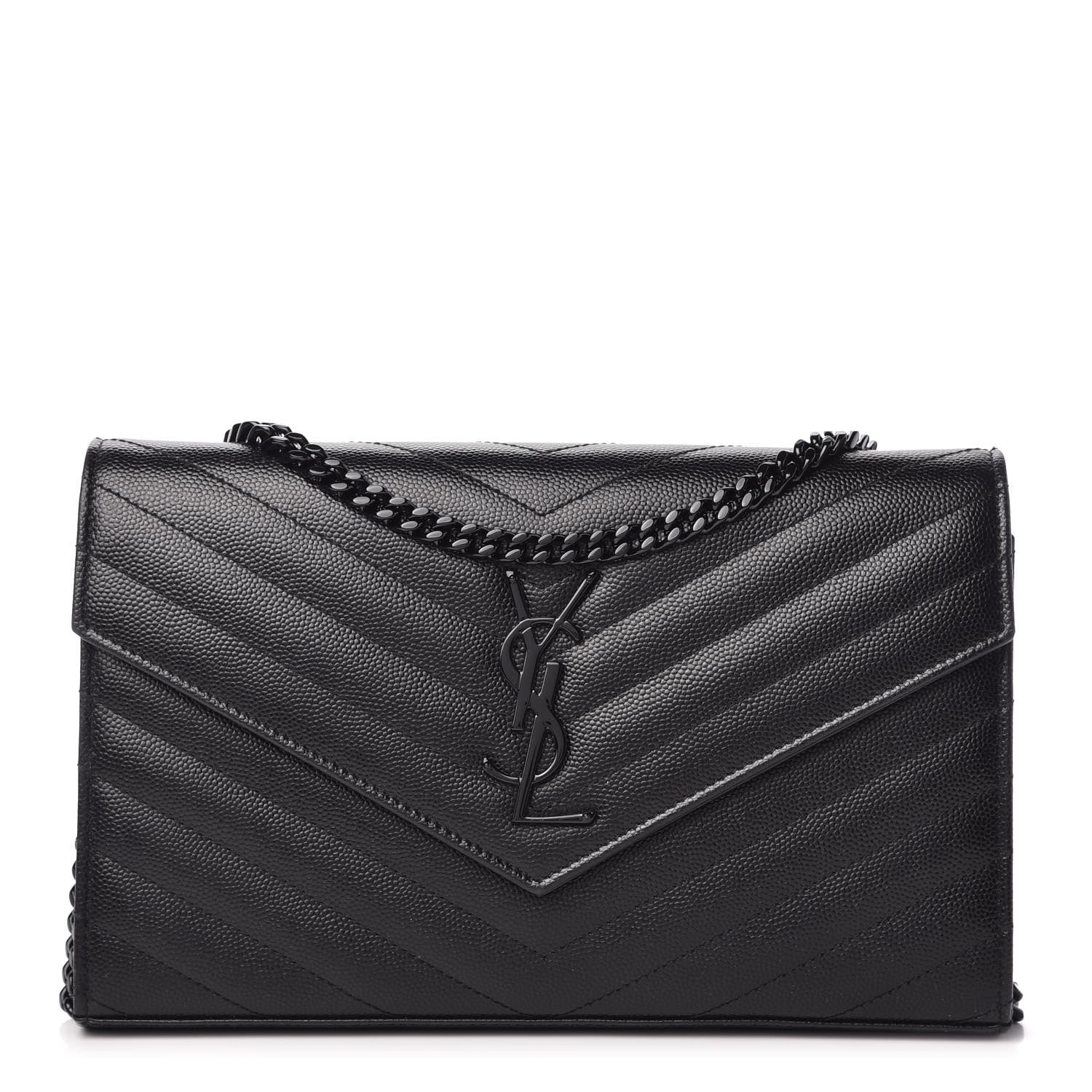 Saint Laurent Grain De Poudre Matelasse Chevron Monogram Chain Wallet Black 1 of 10