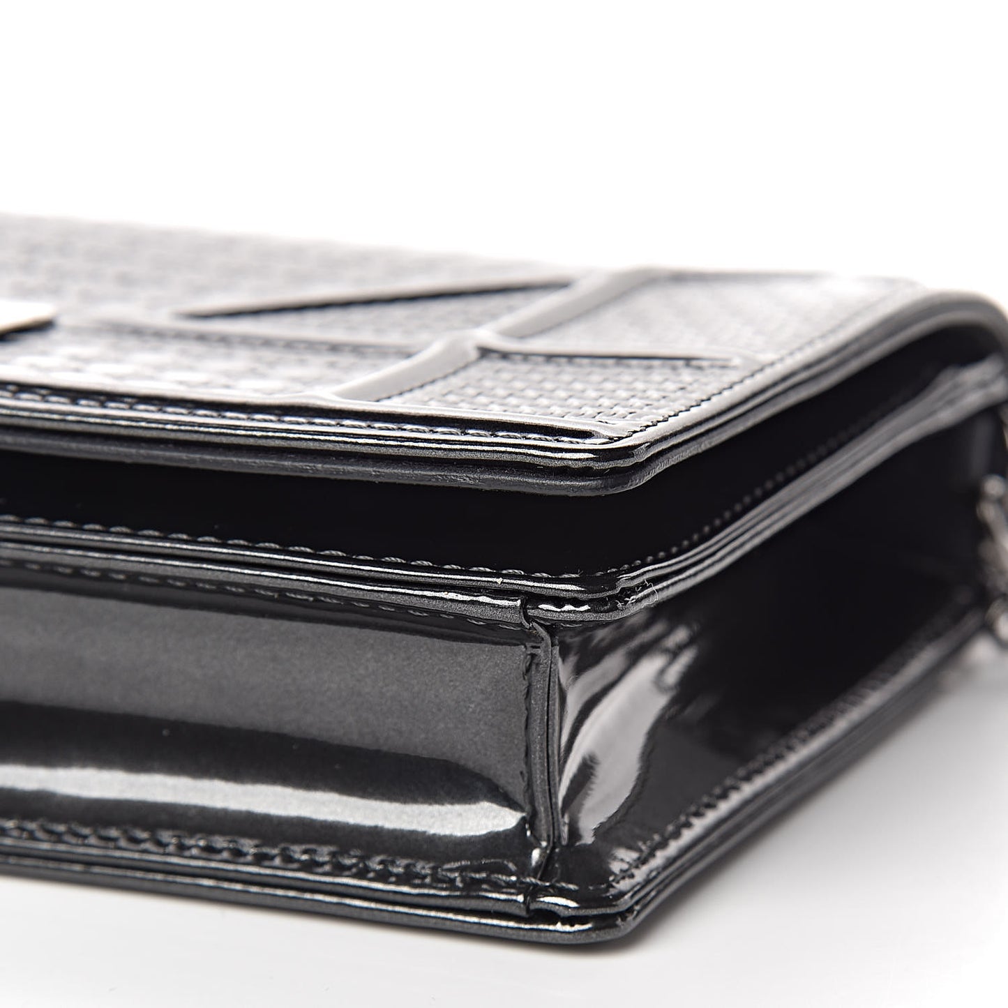 Metallic Patent Micro-Cannage Diorama Wallet on Chain Pouch Black
