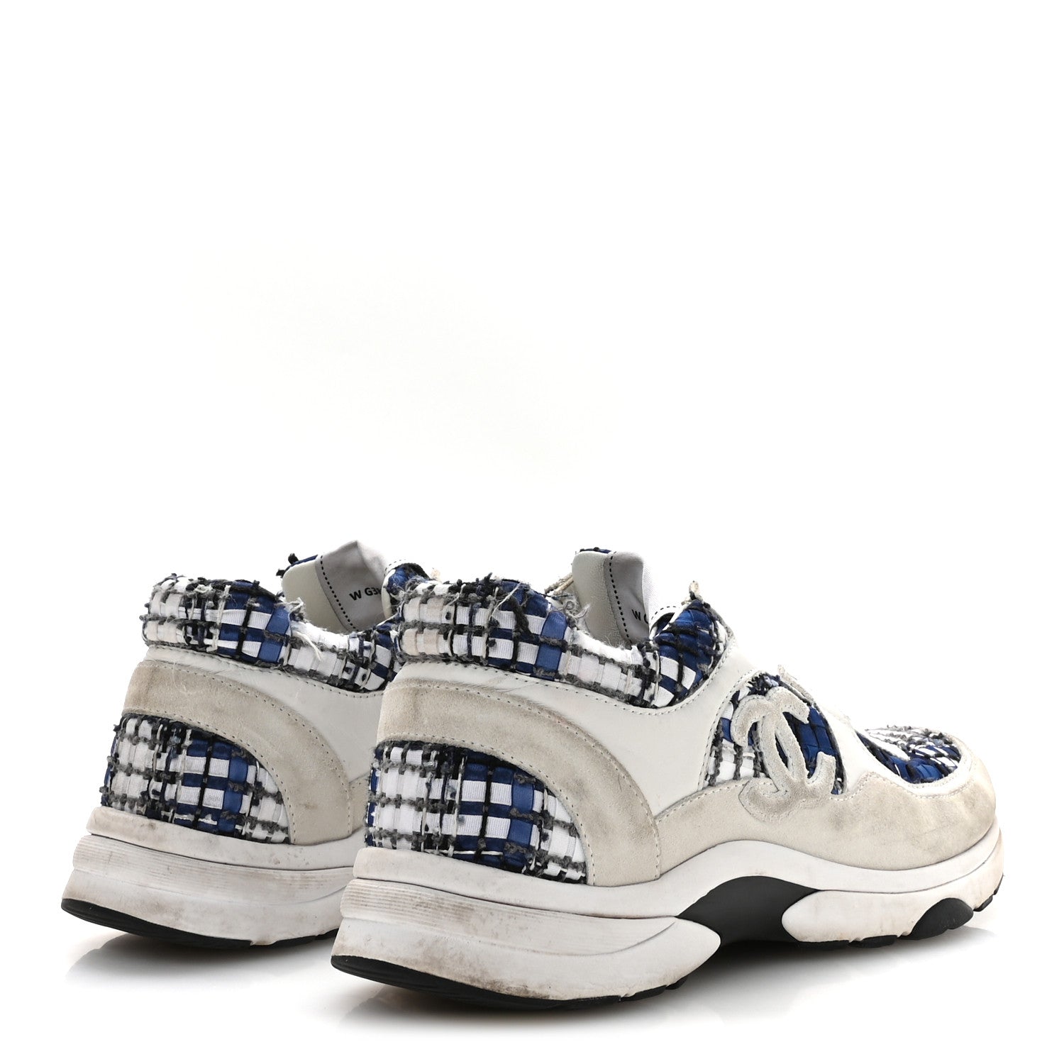 Chanel Tweed Suede Calfskin Womens CC Sneakers 39.5 Dark Blue Black Grey White 5 of 7