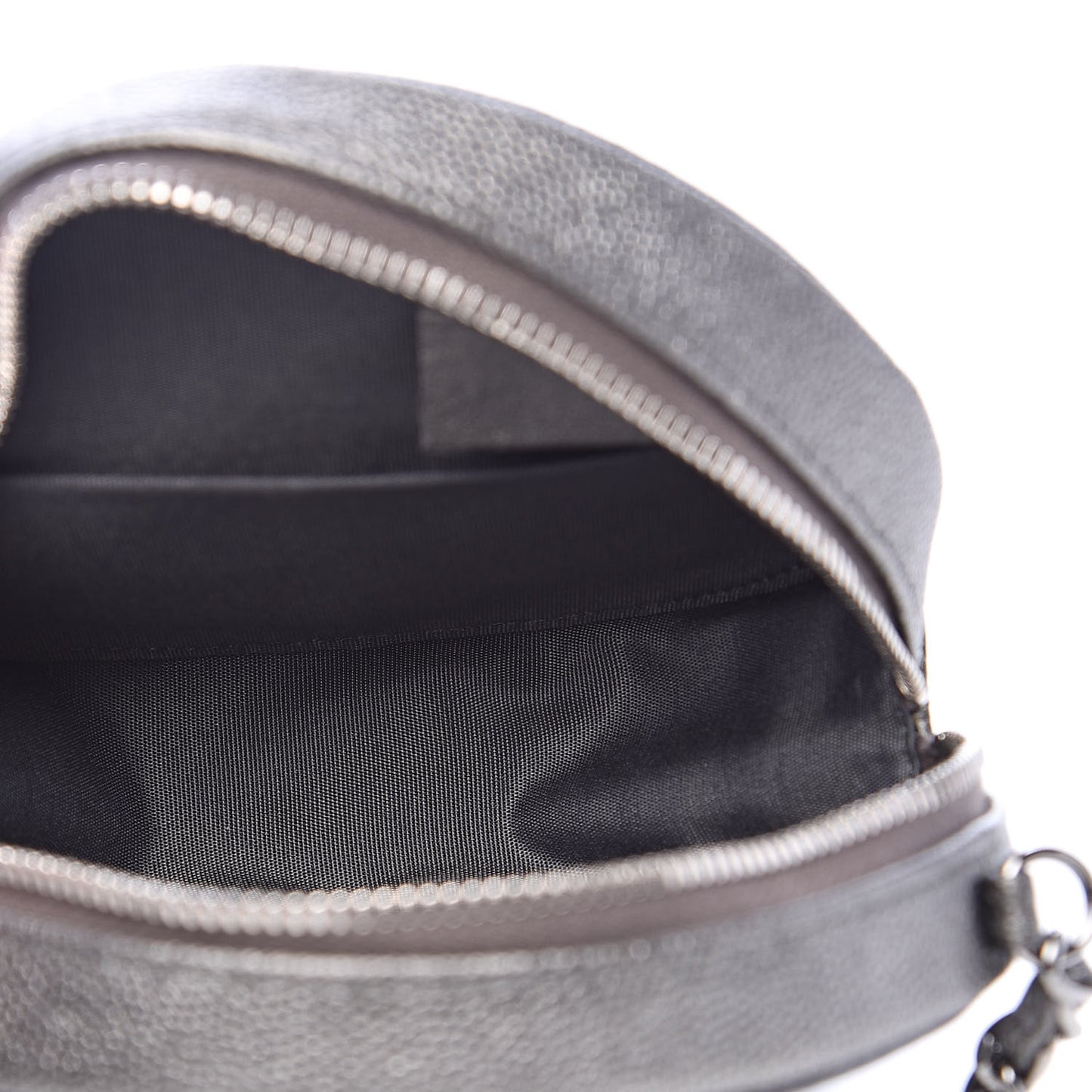 Metallic Caviar Quilted Round Filigree Crossbody Dark Silver